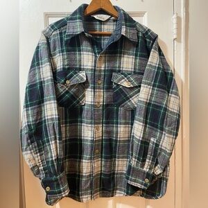 Vintage wool rich flannel shirt, green & white plaid